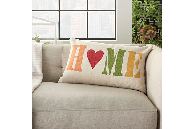 Let everyone know home is where your heart lives with this throw pillow. It’s stenciled font and cream ground lend a rustic vibe to the earthy color scheme.Cover made of cotton | Polyester fill | Handcrafted | Durable zipper closure | Imported | Spot clean