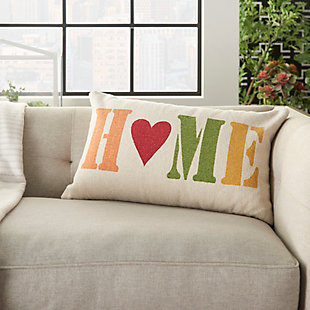 Let everyone know home is where your heart lives with this throw pillow. It’s stenciled font and cream ground lend a rustic vibe to the earthy color scheme.Cover made of cotton | Polyester fill | Handcrafted | Durable zipper closure | Imported | Spot clean