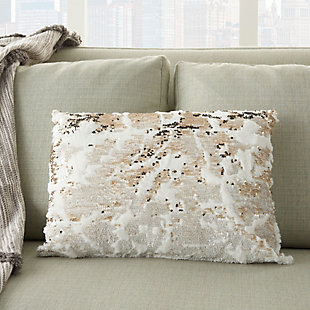 Modern Faux Fur Sequin Pillow, Ivory/Gold, rollover