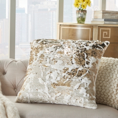 Modern Faux Fur Sequin Pillow, Ivory/Gold, large