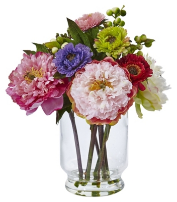 Home Accent Peony and Mum in Glass Vase, Multi