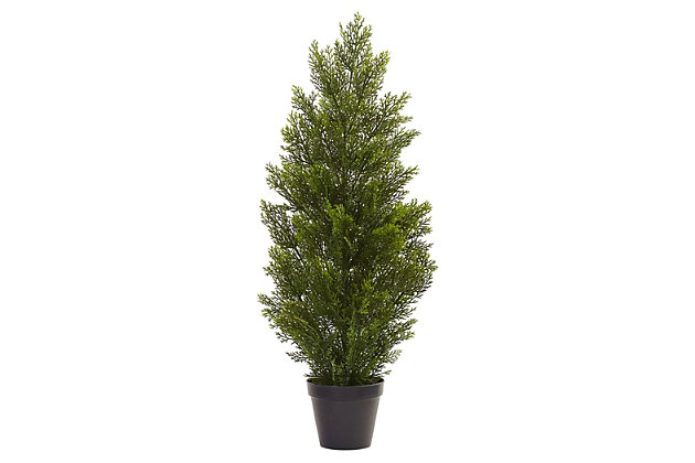 Pining for a great looking tree to display in your decor? There are few better choices than this lovely mini cedar pine tree. At three feet tall, this lovely artificial tree is sure to bring the feeling of “back to nature” to your surroundings. A perfect fit for any room or office, this is one “faux fir” that will be cherished for years to come.Made of plastic and iron wire | Artificial tree potted in plastic container with cement | Place in your own decorative planter