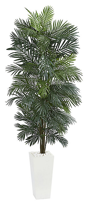 Heat up any dull space with this lovely faux Areca palm tree. Straight from the tropics, this exotic palm makes a great conversation piece. Standing seven feet tall, it’s sure to demand the attention of all who enter the room. A profusion of alternating leaves covers each carefully crafted stem. The stylish white ceramic planter filled with artificial moss is all the attention this breathtaking tree requires.Made of plastic, iron wire, polyester, ceramic and foam | Plastic tree attached with foam and moss | Decorative ceramic container included