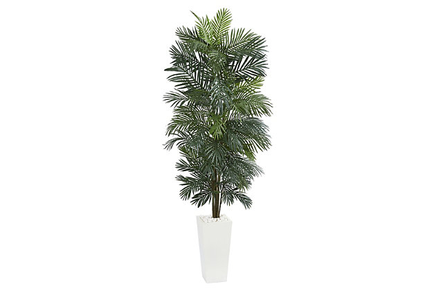 Heat up any dull space with this lovely faux Areca palm tree. Straight from the tropics, this exotic palm makes a great conversation piece. Standing seven feet tall, it’s sure to demand the attention of all who enter the room. A profusion of alternating leaves covers each carefully crafted stem. The stylish white ceramic planter filled with artificial moss is all the attention this breathtaking tree requires.Made of plastic, iron wire, polyester, ceramic and foam | Plastic tree attached with foam and moss | Decorative ceramic container included