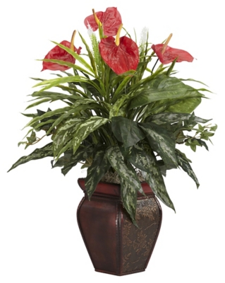 Home Accent Mixed Greens and Anthurium with Decorative Vase Silk Plant, , large