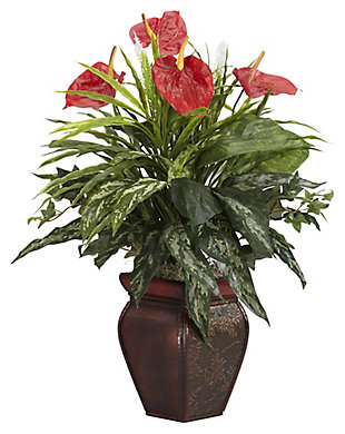 Home Accent Mixed Greens and Anthurium with Decorative Vase Silk Plant, , rollover