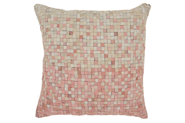 Hair on hide leather gets a rosy upgrade in this decorative pillow. Hand cut pieces are skillfully sewn together to create a high-fashion accent with a unique texture and unmistakable style.Hair on hide leather front; polyester back | Handcrafted | Soft polyfill | Zipper closure | Spot clean | Imported