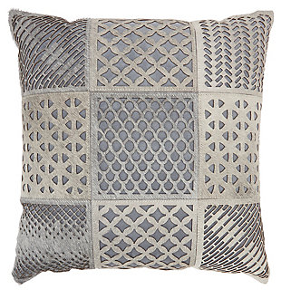 Modern Cut Out Tiles Natural Leather Hide Grey Pillow, , large
