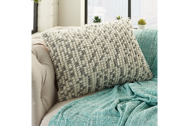 Add fresh texture and a cool vibe to your decor with this funky pillow. With loops of colorful fabric creating a pattern, this piece brings a modern sort of cheeriness to your space.Made of polyester | Handcrafted | Soft polyfill | Zipper closure | Spot clean | Imported