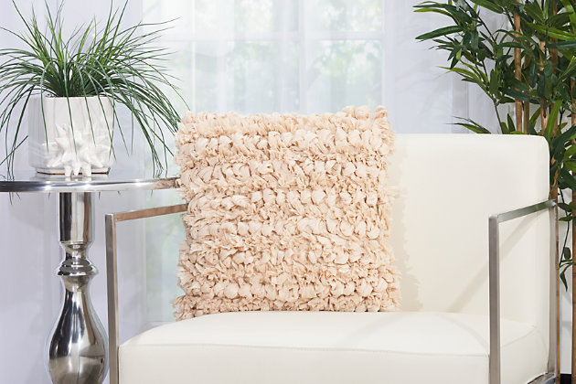 Add fresh texture and a cool vibe to your decor with this funky shag pillow. With soft loops of ribbon, this handmade piece brings a sophisticated yet fun texture to your space.Made of polyester, cotton and rayon | Handmade | Soft polyfill | Zipper closure | Spot clean | Imported
