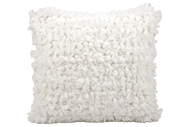 Add fresh texture and a cool vibe to your decor with this funky shag pillow. With soft loops of ribbon, this handmade piece brings a sophisticated yet fun texture to your space.Made of polyester, cotton and rayon | Handmade | Soft polyfill | Zipper closure | Spot clean | Imported