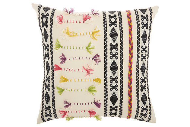 Add fresh style to any space with the colorful textures of this pillow. Toss it anywhere you want funky, tribal comfort.Made of cotton | Handcrafted | Soft polyfill | Zipper closure | Spot clean | Imported