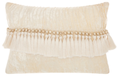 Modern Velvet Tassels Life Styles Ivory Pillow, White, large