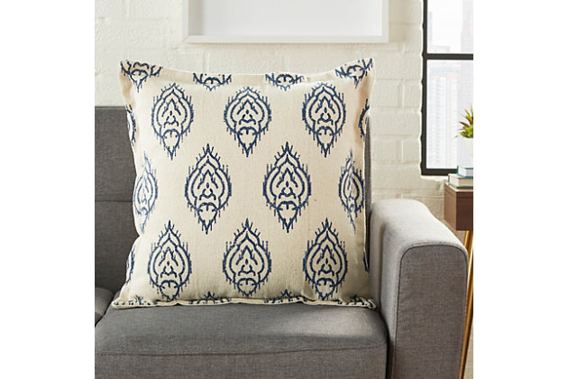 Drop some texture into your space with this cleverly stylish pillow. Embellished with a printed ikat pattern, this cushion adds visual value to your home decor.Made of cotton | Handcrafted | Soft polyfill | Zipper closure | Spot clean | Imported