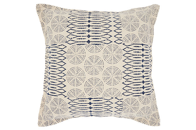 Drop some texture into your space with this cleverly stylish pillow. With printed alternating patches, this cushion adds visual value to your home decor.Made of cotton | Handcrafted | Soft polyfill | Zipper closure | Spot clean | Imported