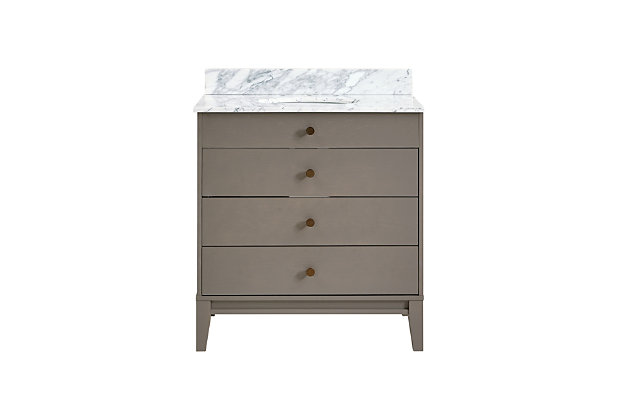 Invite a farmhouse feel into your bathroom with this charming vanity sink. The authentic Carrara marble countertop crafts a luxurious look, while spacious cabinet drawers ensure no toiletry gets left behind. Topped with white, gray-veined marble, this vanity gives your bath a light and airy feel and smooth, simple design. This elegant vanity sink inspires effortless yet rustic style and provides handy storage in any bathroom, powder room, or master suiteVanity cabinet with marble counter top and backsplash | Authentic Carrara marble countertop | 3 drawers and 1 faux drawer under sink | Pre-drilled for 8” wideset faucet | Estimated Assembly Time: 5 Minutes