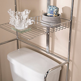 Craft an organization haven with this bath space saver. Place over the toilet and use the metal storage options for extra towels and toiletries. Customize the storage for your needs with fully adjustable shelves and make your powder room more efficient or create more storage capacity in your mudroom.Made of iron | Chrome-tone powdercoat finish | 3 adjustable shelves | 2 baskets | Customize with interchangeable storage options | Small storage solution | Assembly required | Assembly time frame is 15 to 30 min.