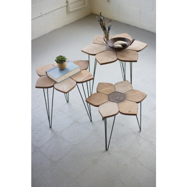 Kalalou Decorative Set of 3 Flower Side Tables with Wooden Tops