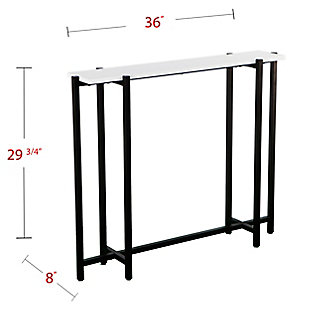 This table is formed with an open, architectural sensibility. The base is made from squared metal tubing with a powdercoated finish in flat black. The top has a high-gloss finish of crisp white on a warp-free body of engineered wood. This table could be a perfect addition to your foyer, dining room, or living room. Grace the space of your choice with this narrow mini console table.Made of engineered wood, polyurethane and powdercoated iron | Black metal base | High-gloss white tabletop | Supports up to 40 pounds | Assembly required