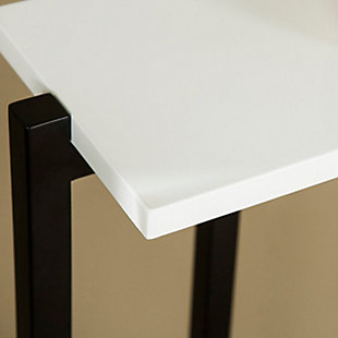 This table is formed with an open, architectural sensibility. The base is made from squared metal tubing with a powdercoated finish in flat black. The top has a high-gloss finish of crisp white on a warp-free body of engineered wood. This table could be a perfect addition to your foyer, dining room, or living room. Grace the space of your choice with this narrow mini console table.Made of engineered wood, polyurethane and powdercoated iron | Black metal base | High-gloss white tabletop | Supports up to 40 pounds | Assembly required