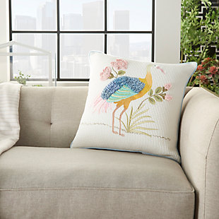 Feather your nest with this flower and bird accent pillow. Beaded design pairs brilliant color with handcrafted texture for a touch of tropical flair anywhere you please.Made of cotton | 18" square | Soft polyfill | Removable cotton cover | Zipper closure | Spot clean | Imported