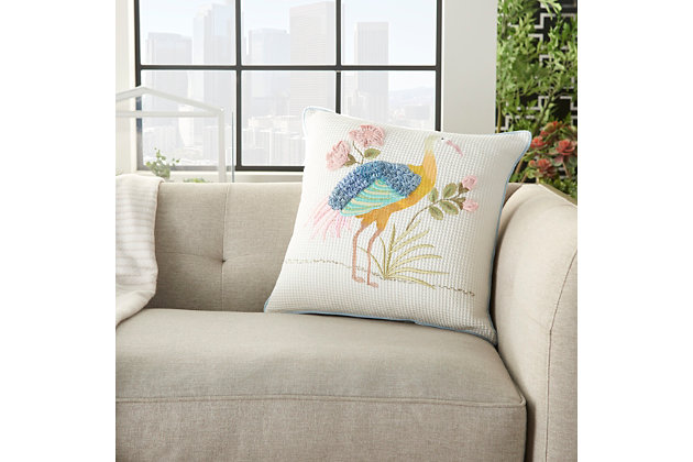 Feather your nest with this flower and bird accent pillow. Beaded design pairs brilliant color with handcrafted texture for a touch of tropical flair anywhere you please.Made of cotton | 18" square | Soft polyfill | Removable cotton cover | Zipper closure | Spot clean | Imported