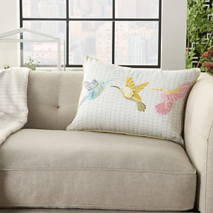 Add a naturally beautiful element to your decor with this hand-beaded accent pillow. Trio of hummingbirds set against an ivory background is sweetly chic and teeming with texture.Made of cotton | 14" x 20" | Soft polyfill | Removable cotton cover | Zipper closure | Spot clean | Imported