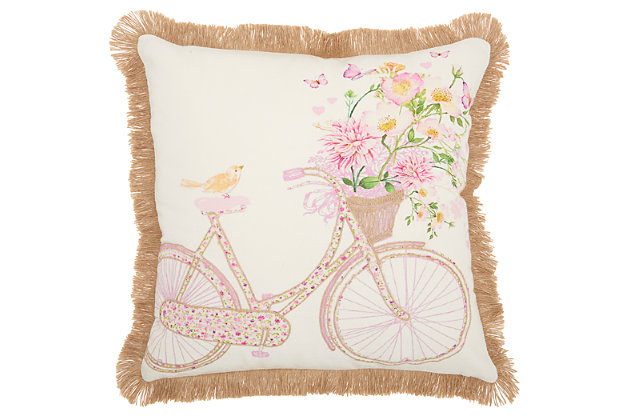 Add a touch of whimsy to your decor with this delightfully retro accent pillow. Reminiscent of leisurely bike-rides of yesteryear, this pillow adds vintage-chic appeal wherever it lands.Made of cotton | 18" square | Soft polyfill | Handcrafted | Removable cotton cover | Zipper closure | Spot clean | Imported