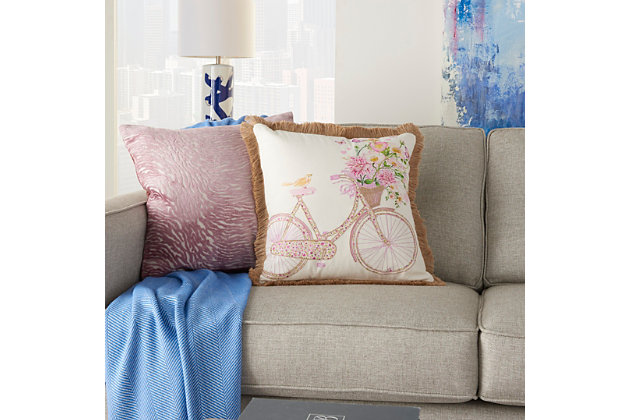 Add a touch of whimsy to your decor with this delightfully retro accent pillow. Reminiscent of leisurely bike-rides of yesteryear, this pillow adds vintage-chic appeal wherever it lands.Made of cotton | 18" square | Soft polyfill | Handcrafted | Removable cotton cover | Zipper closure | Spot clean | Imported