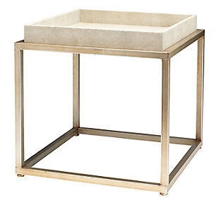 The exotic and modern texture of stingray skin or shagreen has been a favorite of designers since the 30's. Bring it back in style with this richly crafted square side table with cream faux shagreen tabletop and shelf and sturdy metal frame in an antique brass-tone finish.Antique brass-tone metal base | Cream faux shagreen tabletop and shelf | No assembly required