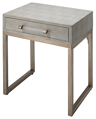 The exotic and modern texture of stingray skin or shagreen has been a favorite of designers since the 30's. Bring it back in style with this richly crafted square side table with cream faux shagreen tabletop and sturdy metal frame in an antique brass-tone finish. Smooth-gliding drawer enhances the form and function.Antique brass-tone metal base | Cream faux shagreen tabletop and shelf | Drawer with antique brass-tone metal and acrylic pull | Minor assembly required