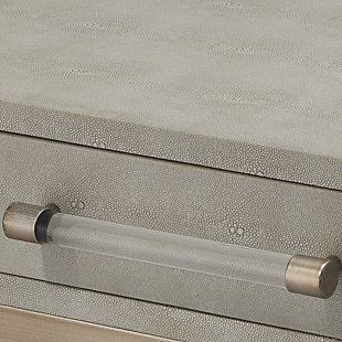 The exotic and modern texture of stingray skin or shagreen has been a favorite of designers since the 30's. Bring it back in style with this richly crafted square side table with cream faux shagreen tabletop and sturdy metal frame in an antique brass-tone finish. Smooth-gliding drawer enhances the form and function.Antique brass-tone metal base | Cream faux shagreen tabletop and shelf | Drawer with antique brass-tone metal and acrylic pull | Minor assembly required
