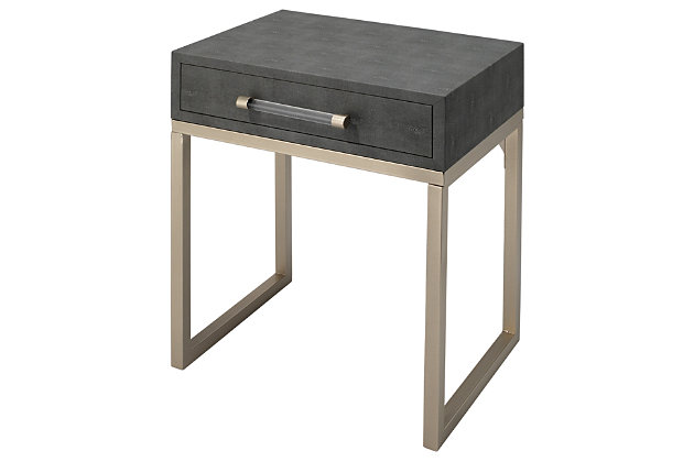 The exotic and modern texture of stingray skin or shagreen has been a favorite of designers since the 30's. Bring it back in style with this richly crafted square side table with gray faux shagreen tabletop and sturdy metal frame in a nickel-tone finish. Smooth-gliding drawer enhances the form and function.Nickel-tone metal base | Gray faux shagreen tabletop and shelf | Drawer with nickel-tone metal and acrylic pull | Minor assembly required