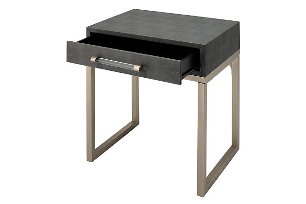 The exotic and modern texture of stingray skin or shagreen has been a favorite of designers since the 30's. Bring it back in style with this richly crafted square side table with gray faux shagreen tabletop and sturdy metal frame in a nickel-tone finish. Smooth-gliding drawer enhances the form and function.Nickel-tone metal base | Gray faux shagreen tabletop and shelf | Drawer with nickel-tone metal and acrylic pull | Minor assembly required