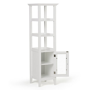 Bring a sense of order to your bathroom with this chic storage tower. Perfect for towels, toiletries and essentials, it provides a surprising amount of storage in one cabinet and three open shelves. With its crisp white finish, rustic contemporary styling with grooved side panels and sculptural brushed nickel-tone hardware, this bathroom storage solution beautifies everyday living.Made of engineered wood | 3 open shelves | Door (with tempered glass panel) revealing adjustable shelf | Brushed nickel-tone handle | Anti-tipping hardware included | Assembly required