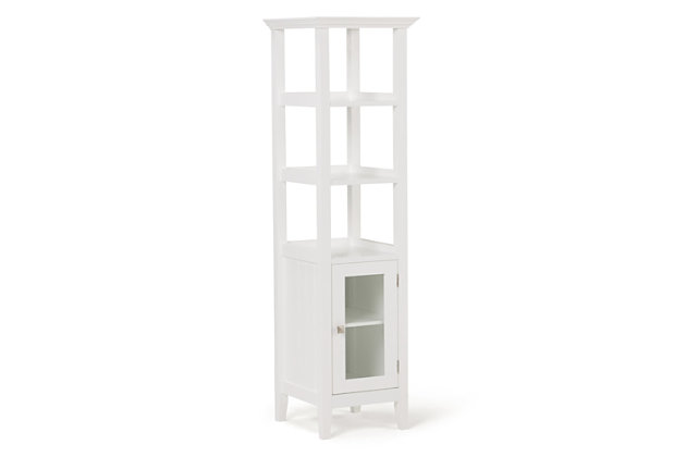 Bring a sense of order to your bathroom with this chic storage tower. Perfect for towels, toiletries and essentials, it provides a surprising amount of storage in one cabinet and three open shelves. With its crisp white finish, rustic contemporary styling with grooved side panels and sculptural brushed nickel-tone hardware, this bathroom storage solution beautifies everyday living.Made of engineered wood | 3 open shelves | Door (with tempered glass panel) revealing adjustable shelf | Brushed nickel-tone handle | Anti-tipping hardware included | Assembly required