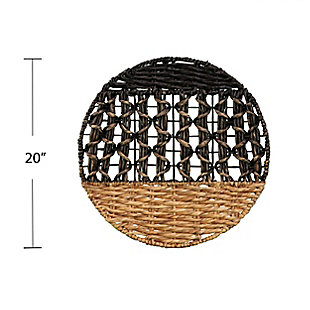 These 3-woven seagrass and water hyacinth wall decor plates create an elevated look in your home. Place on the wall of your living room for an added boho-chic feel. Natural with black finish adds dimension to this elegant design. With three different sizes, this circular set rounds out your decor collection.Set of 3 | Made of water hyacinth and powdercoated iron | Natural finish with black accents | Ready to hang | Assembly time frame is 15 to 30 min.