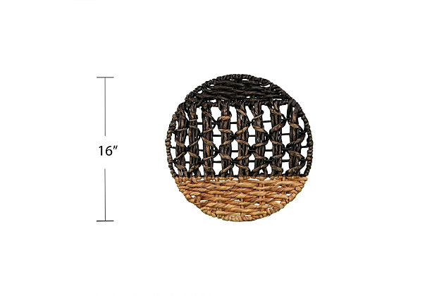 These 3-woven seagrass and water hyacinth wall decor plates create an elevated look in your home. Place on the wall of your living room for an added boho-chic feel. Natural with black finish adds dimension to this elegant design. With three different sizes, this circular set rounds out your decor collection.Set of 3 | Made of water hyacinth and powdercoated iron | Natural finish with black accents | Ready to hang | Assembly time frame is 15 to 30 min.