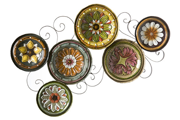 "Absolutely stunning" is all that your guests will be able to say after seeing this beautiful Italian plate wall art brimming with color. Assorted sizes and patterns are created from decorative metal plates. then hand-painted and glazed. The assortment is further enhanced by a decorative scroll frame that holds the plates together. Add a Tuscan vibe to your home today.Made of powdercoated iron | Multi-colored floral designs | Hand-painted | Ready to hang | No assembly required