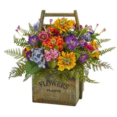 Mixed Floral Artificial Arrangement in Wood Basket, Multi