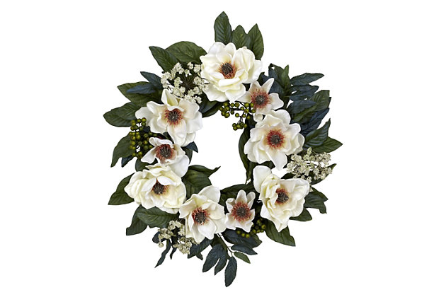 Looking for a decoration that’s soft, beautiful and timeless? Then look no further than this beautiful faux magnolia wreath. Lovely greens, complete with berries and buds, twist and turn creating the ideal backdrop for the billowy white blooms that spring forth. This makes for a perfect wall accent year round.Made of iron wire, polyester and plastic | 22" artificial wreath | Indoor or covered outdoor use