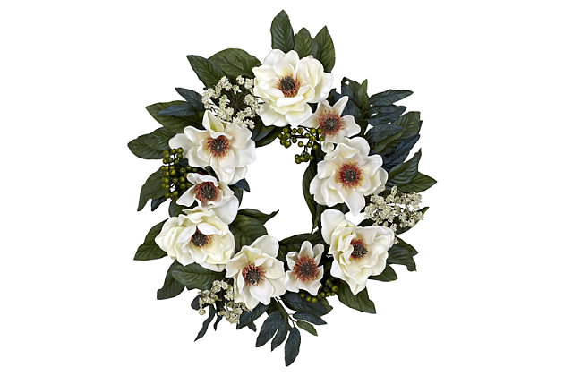 Looking for a decoration that’s soft, beautiful and timeless? Then look no further than this beautiful faux magnolia wreath. Lovely greens, complete with berries and buds, twist and turn creating the ideal backdrop for the billowy white blooms that spring forth. This makes for a perfect wall accent year round.Made of iron wire, polyester and plastic | 22" artificial wreath | Indoor or covered outdoor use