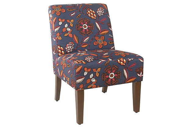 This armless accent chair with a modern blue and pink floral pattern can easily fulfill a variety of roles in any home. Use it as a side chair in the living room, as an accent chair in the bedroom, entryway or home office, or as an occasional dining chair to accommodate guests. With tapered wood legs, a medium firm cushion and a chic floral pattern, this multifunctional chair serves you so well.Wood/engineered wood frame | Tapered wood legs in walnut-tone finish | Cotton upholstery | Easy to assemble