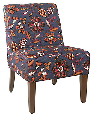 This armless accent chair with a modern blue and pink floral pattern can easily fulfill a variety of roles in any home. Use it as a side chair in the living room, as an accent chair in the bedroom, entryway or home office, or as an occasional dining chair to accommodate guests. With tapered wood legs, a medium firm cushion and a chic floral pattern, this multifunctional chair serves you so well.Wood/engineered wood frame | Tapered wood legs in walnut-tone finish | Cotton upholstery | Easy to assemble
