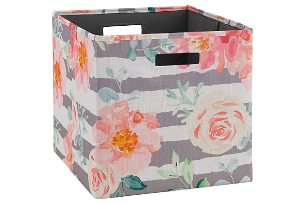 Perfectly sized to fit all your storage needs, this set of two storage bins combines form and function. Convenient cutout handles on two sides make it easy to move your things from one room to another. Foldable design lets you tuck them away when not in use.Set of 2 | Made of fabric and cardboard | Cutout handles | Collapsible design for easy storage