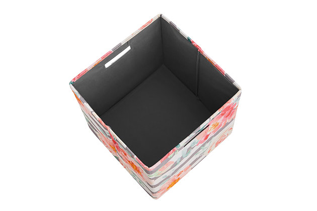 Perfectly sized to fit all your storage needs, this set of two storage bins combines form and function. Convenient cutout handles on two sides make it easy to move your things from one room to another. Foldable design lets you tuck them away when not in use.Set of 2 | Made of fabric and cardboard | Cutout handles | Collapsible design for easy storage