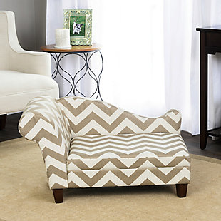 This pet chaise lounge features premium woven fabric in a gray and cream bold chevron pattern. The durable wooden frame has a weight capacity of 100 lbs. The stylish wooden legs are featured in a complementary dark walnut-tone finish. What a posh focal point for the pampered pet.Sturdy wood frame | Gray and cream polyester upholstery | Foam cushions | Holds up to 100 pounds | Spot clean | No assembly required