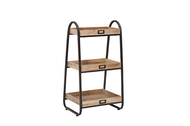 A charming choice with an industrial chic twist, this 3-tier bath stand is a fun, functional and efficient way to store your towels, bath supplies and toiletries. Crafted with a sturdy iron base with fir wood baskets, this mixed material storage unit stacks up beautifully.Iron frame in rustic brown finish | Fir wood baskets with metal card holders (cards not included) | 3-tier design