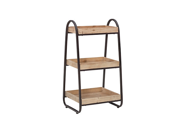 A charming choice with an industrial chic twist, this 3-tier bath stand is a fun, functional and efficient way to store your towels, bath supplies and toiletries. Crafted with a sturdy iron base with fir wood baskets, this mixed material storage unit stacks up beautifully.Iron frame in rustic brown finish | Fir wood baskets with metal card holders (cards not included) | 3-tier design