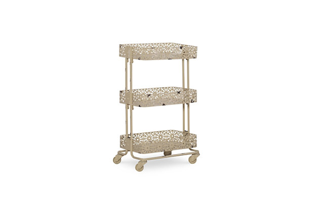 Roll out a salon-centric look with this 3-tier metal cart on casters. A trio of rectangular shelves provide ample storage for beauty and bath accessories. What a handy addition to a home office or crafts room, too.Made of iron | 3-tier design; 10 lb. Weight limit per shelf | Casters for easy mobility | Assembly required